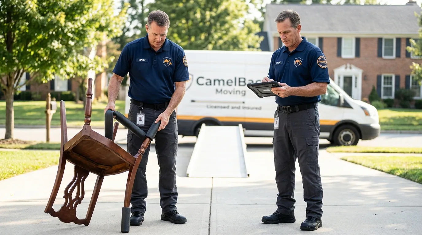 Movers inspecting furniture for damage prevention before loading in Graton, CA