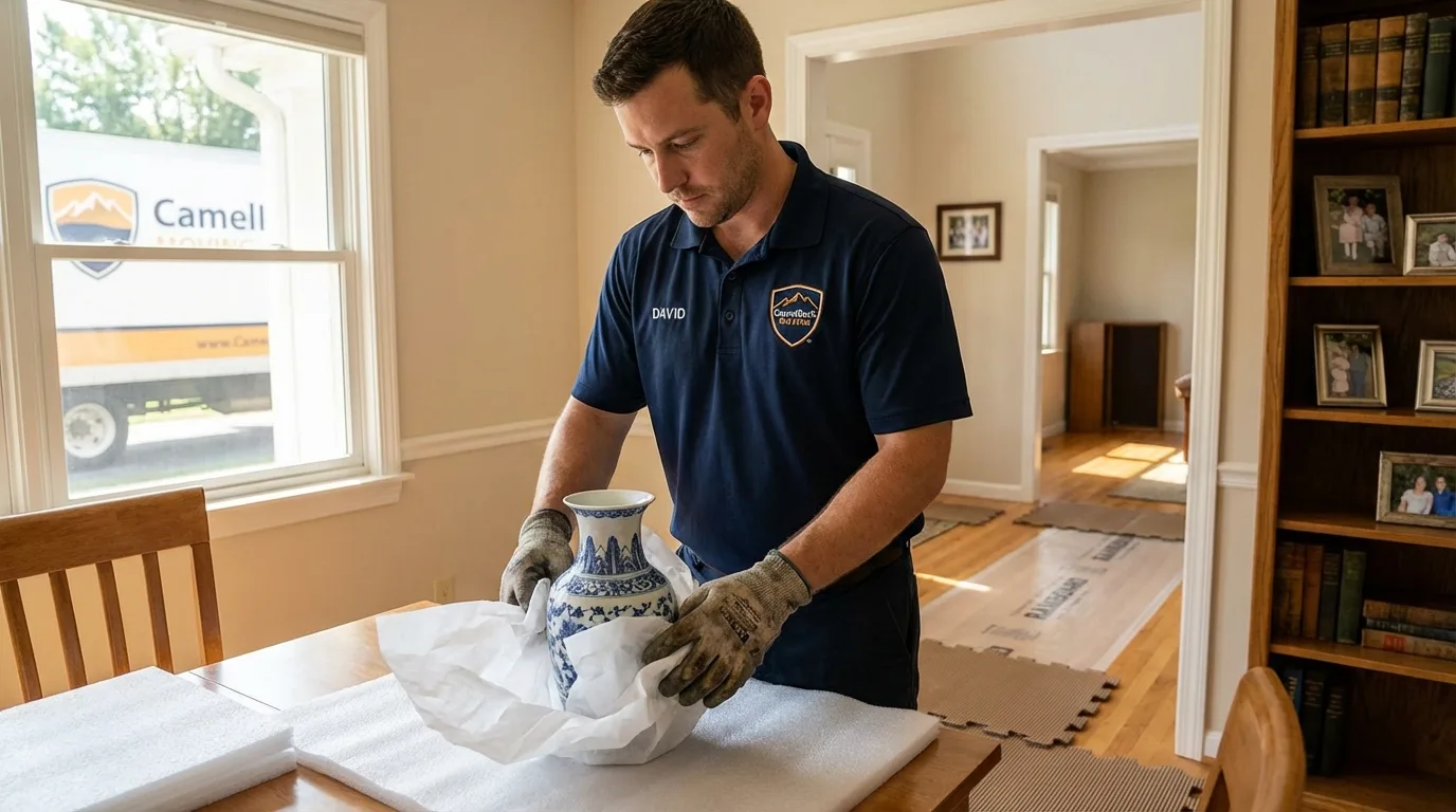Professional crew carefully wrapping antique vase for senior downsizing move in Graton, CA